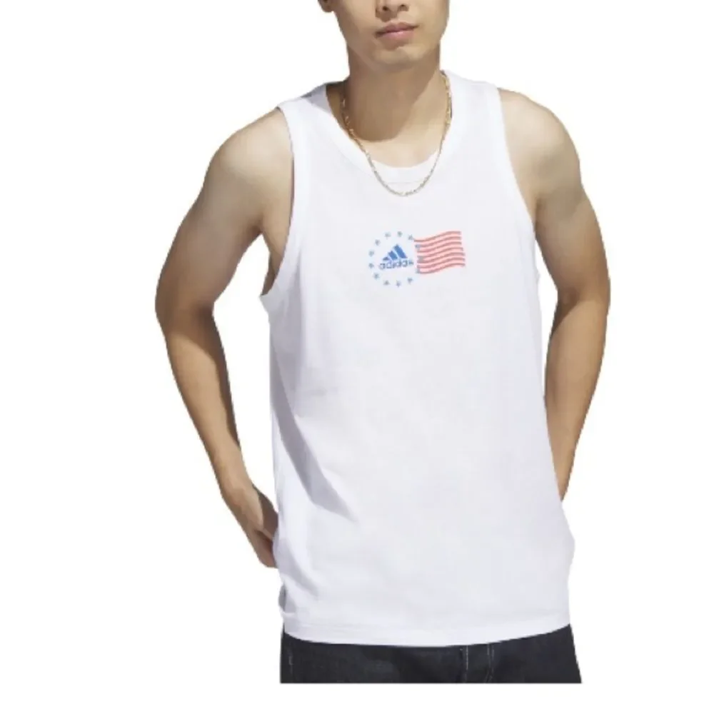 Adidas Men Sleeveless Tank Top Shirt American Flag Graphic White
